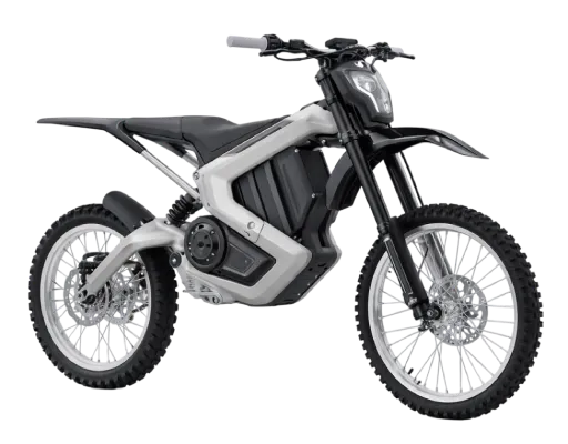 Electric off-road dirt bike with a black frame, gray panels, and knobby tires viewed in profile