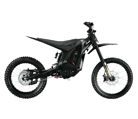 Black electric dirt bike shown in profile with knobby off-road tires and red accents, ready for rugged terrain.