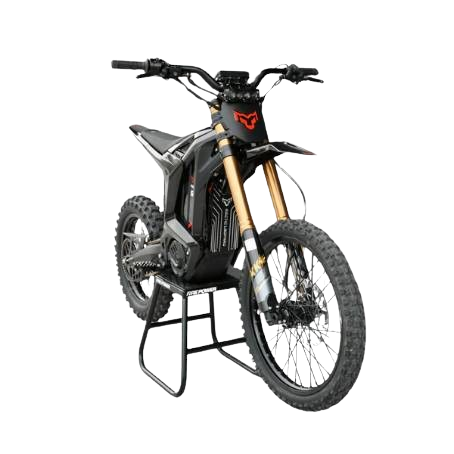 Electric off-road dirt bike on a rear stand, black body with gold front forks and red logo on the front plate.