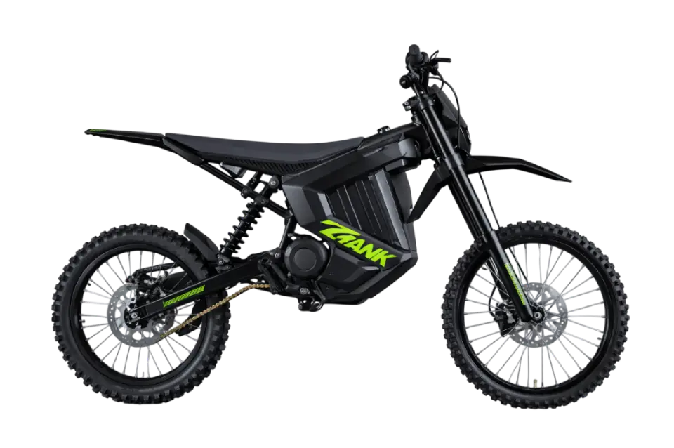 Black electric dirt bike shown in profile with neon green ZANK branding, knobby tires, and long-travel suspension.