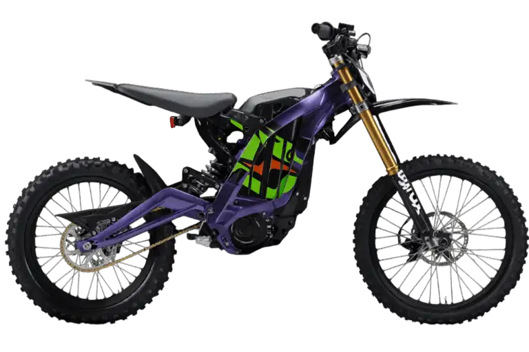 Purple electric dirt bike with a black seat, neon green graphics, and gold front suspension viewed from the side.