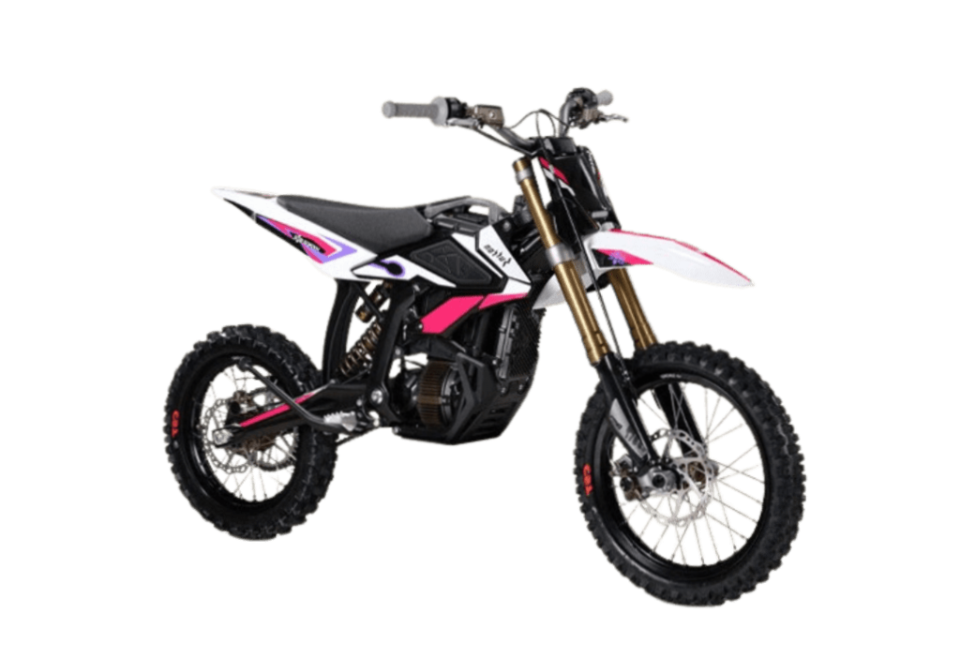 Side view of a pink-and-white off-road dirt bike with knobby tires and gold front suspension forks