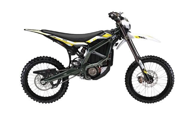 Off-road dirt bike shown in profile with yellow-white bodywork, knobby tires, and disc brakes.