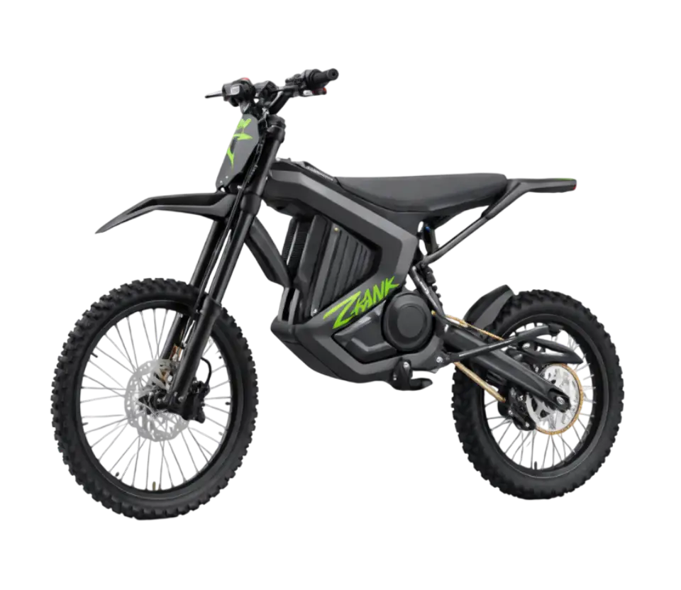 Electric dirt bike (black/gray) with neon green ZANK branding and knobby tires, showing front fork, seat, and rear suspension against a black background.