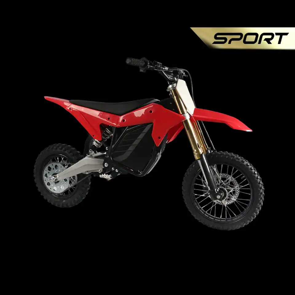 Red dirt bike with gold front forks on a black background, SPORT banner in the corner