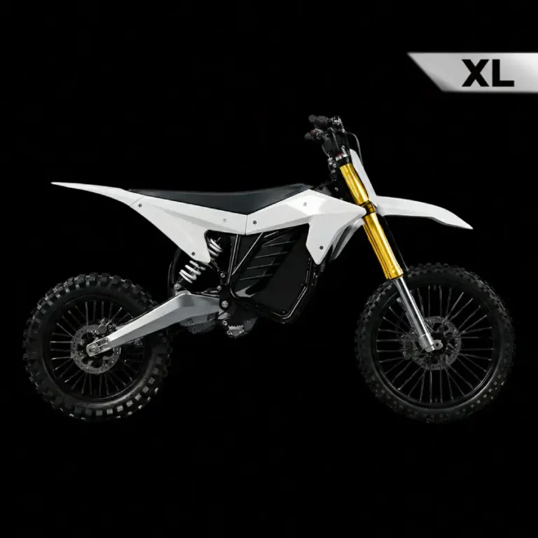 Off-road dirt bike with white body panels, black frame, and gold inverted front forks on a black background.