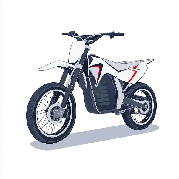 White and dark gray off-road motorcycle with red accents, side view on a gray shadowed ground