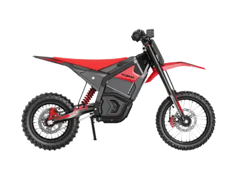 Red electric dirt bike with knobby tires and a black frame.