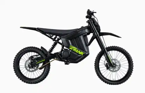 Side view of a black electric dirt bike with knobby tires and neon-green accents labeled 'ZTANK'.