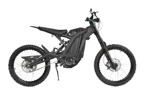 Electric dirt bike (e-bike) with a battery pack mounted on the frame and knobby tires for off-road riding.